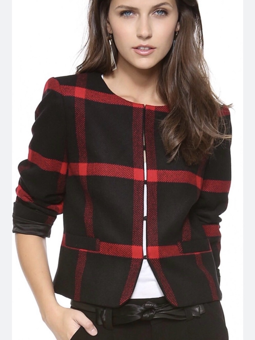 Alice + Olivia Red and Black Plaid Cropped Blazer size XS.